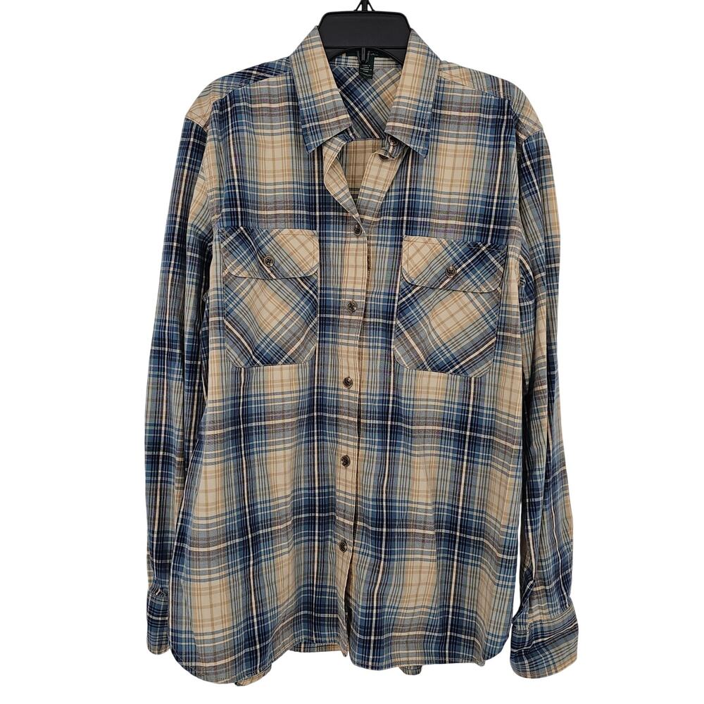 LRL Lauren Jeans Co Blue Cream Plaid Long Sleeve Western Cotton Button Shirt L